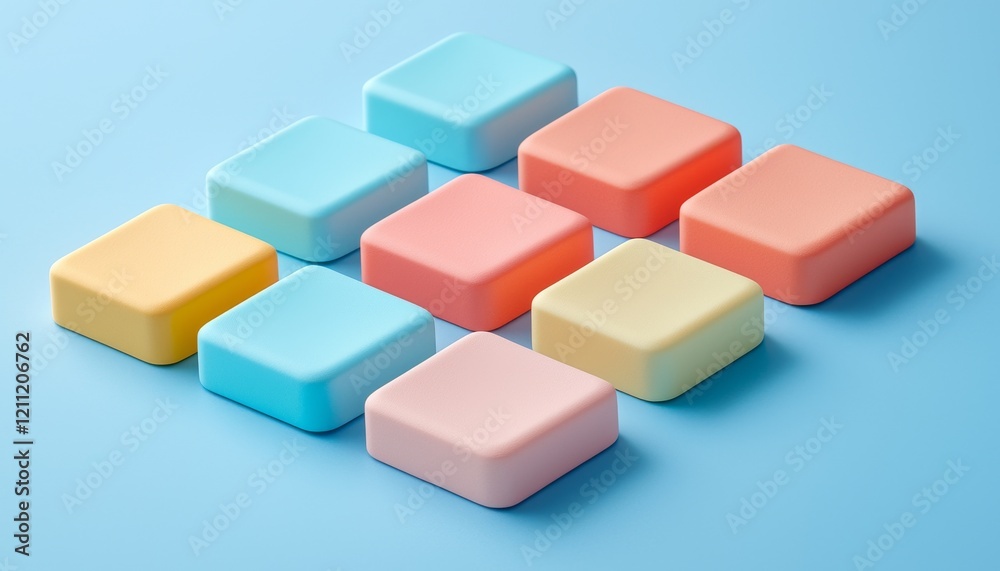 A visually appealing arrangement of colorful soap bars on a light blue background, showcasing a variety of pastel shades. A visually appealing arrangement of colorful soap bars on a light blue background, showcasing a variety of pastel shades.