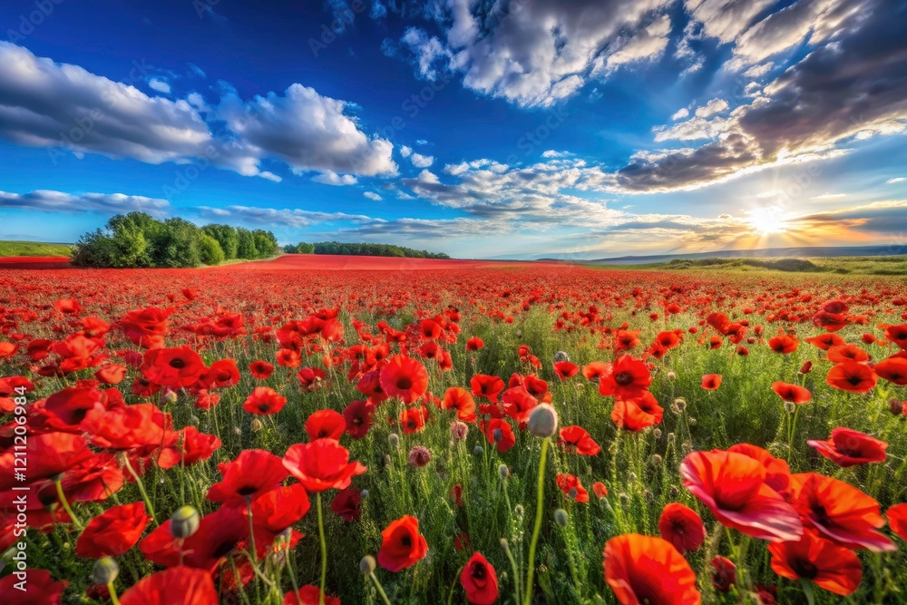 Drone Photography Red Poppies Field Blue Sky Aerial View Summer Landscape Drone Photography Red Poppies Field Blue Sky Aerial View Summer Landscape