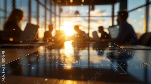 Wallpaper Mural modern boardroom with professionals collaborating, featuring digital tablet displaying data and warm sunset in background Torontodigital.ca