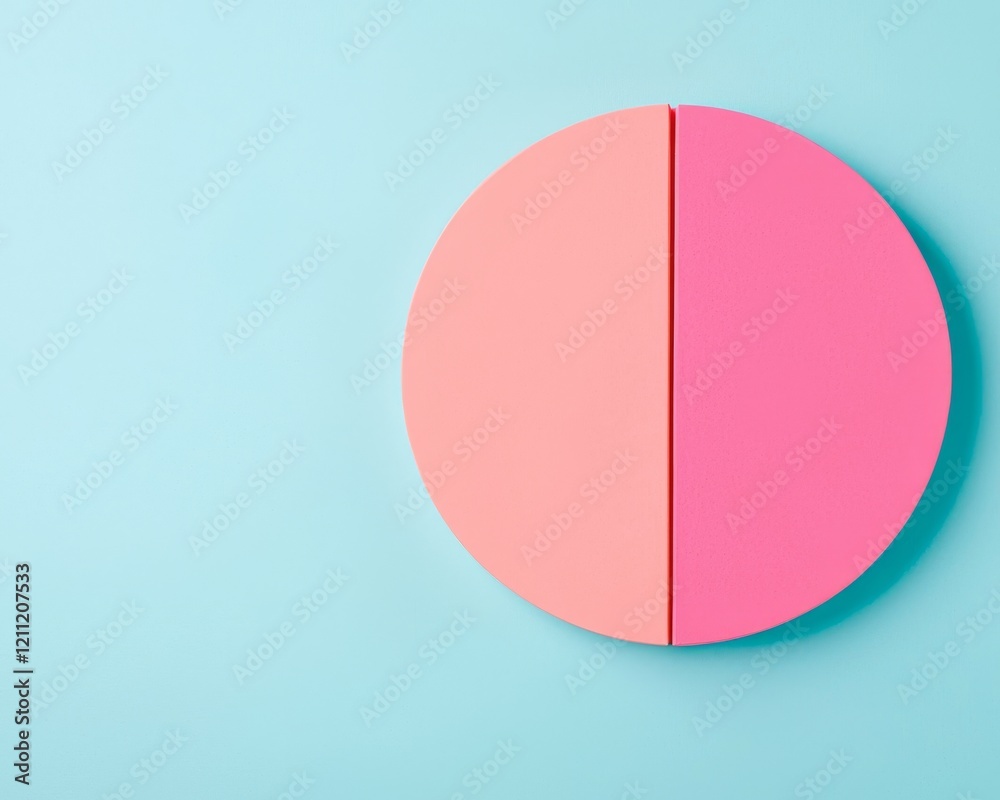 A round shape divided vertically, featuring a pastel pink and peach color scheme against a soft blue background.