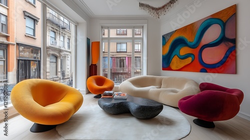 Modern Living Room with Colorful Seating and Abstract Art
