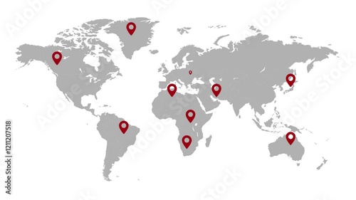 World map with global technology with location icon concept, video animation. red icon.