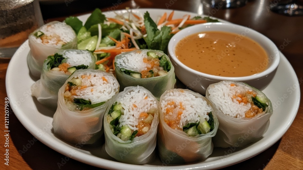 A plate of Vietnamese spring rolls served with peanut dipping sauce A plate of Vietnamese spring rolls served with peanut dipping sauce