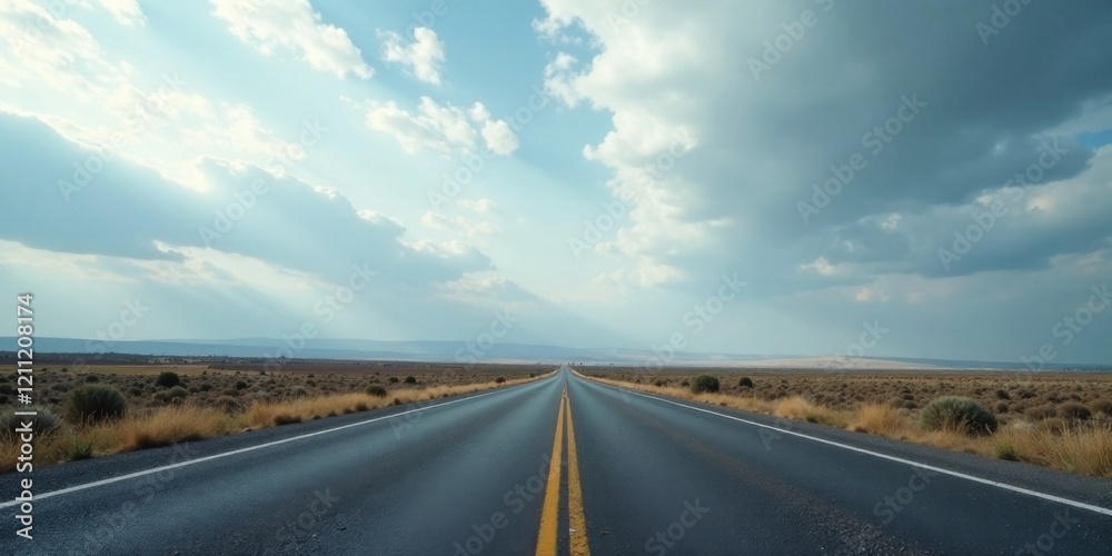 Naklejka premium Asphalt Ribbon Unfolding Towards a Serene Horizon Under a Vast and Dramatic Sky