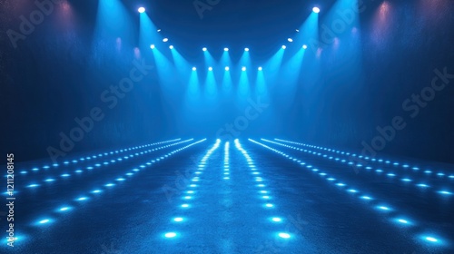 Futuristic stage with blue lighting effects and illuminated floor, creating an immersive atmosphere
