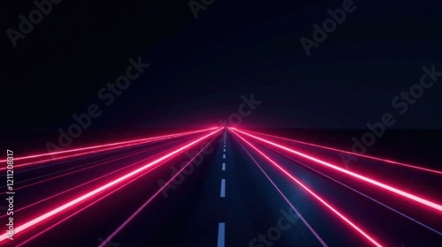 A Night Drive on a Highway with Vibrant Pink Neon Lines Illuminating the Road Ahead