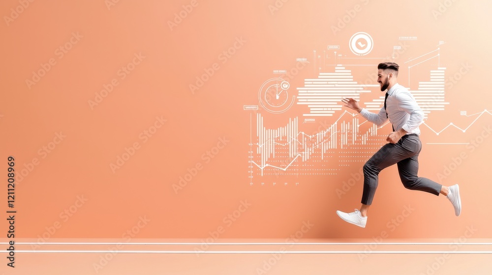 Obraz premium Businessman running towards success modern office environment minimalist cartoon style dynamic perspective motivational concept