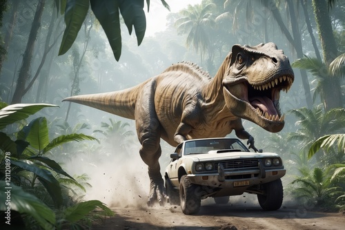 T-Rex chases vintage car through lush jungle. photo