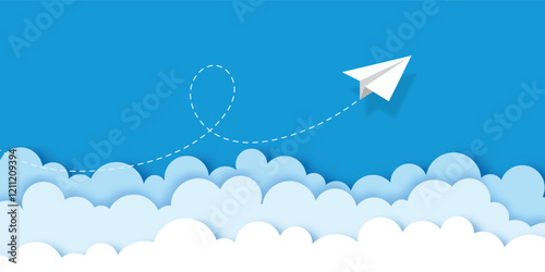 White paper airplane flying over clouds paper cut style with dashed lines on blue sky banner business background