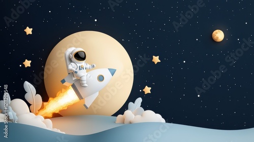 Adventurous astronaut launching into space outer space cartoon style nighttime sky playful perspective exploration and imagination