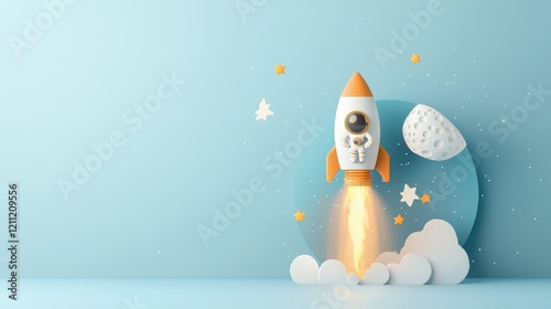 Rocket launch adventure a playful cartoon-style journey in a vibrant blue space environment with a whimsical astronaut and cheerful clouds