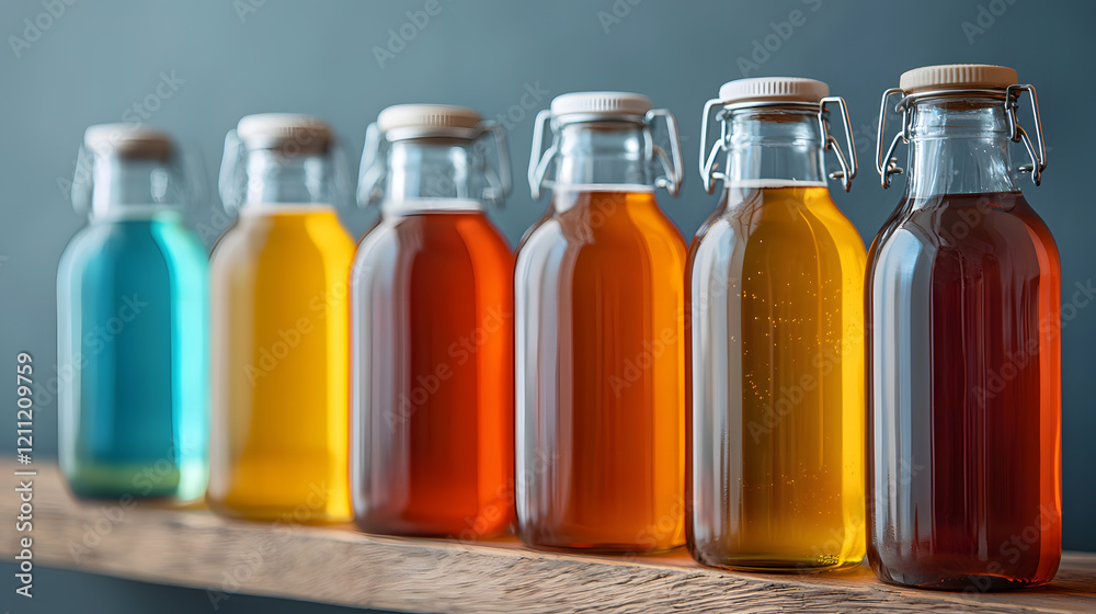 Colorful bottled drinks displayed on wooden shelf modern kitchen bright background close-up Colorful bottled drinks displayed on wooden shelf modern kitchen bright background close-up