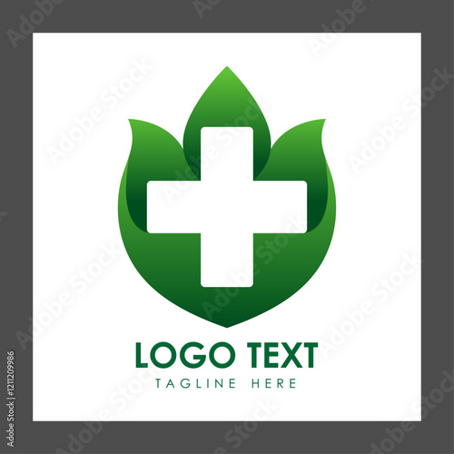 A logo featuring a green leaf design with a white medical cross in the center