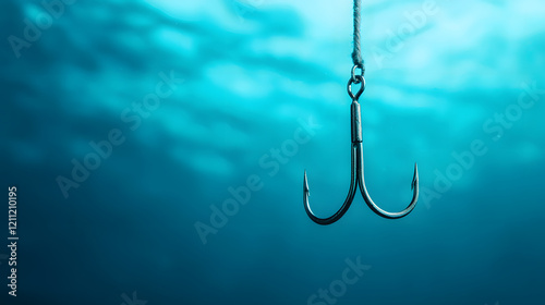 Fishing hook dangles in crystal clear water underwater ocean environment aquatic viewpoint
