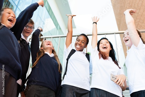 Group of diverse students celebrating. Happy diverse students with arms raised celebrate and teamwork. School boys and girls raise hands joyful. Smiling diverse student friends raise hands celebrate