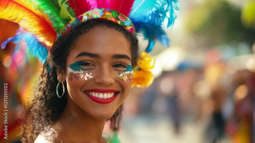 Vibrant carnival celebration with smiling woman in colorful headdress Vibrant carnival celebration with smiling woman in colorful headdress