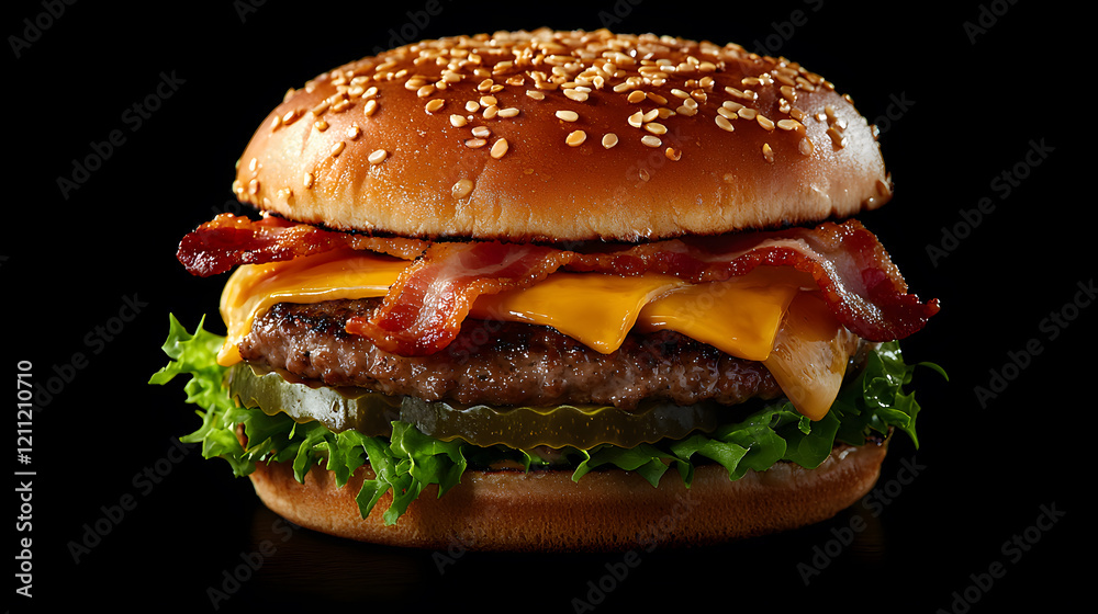 Sizzling burger with bacon and cheese gourmet kitchen food dark background close-up deliciousness