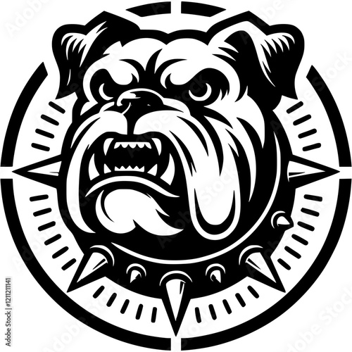 Tattoo of angry roaring Bulldog dog head in monochrome. Bulldog dog in madness side view. Engraving minimalistic vector in black ink drawing on transparent background
