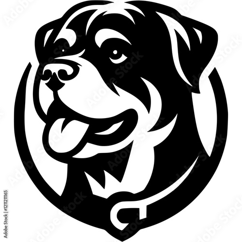 Tattoo of serious Rottweiler dog head in monochrome. Rottweiler dog border defender portrait side view. Engraving minimalistic vector in black ink drawing on transparent background