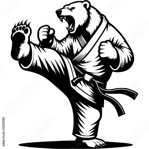 Karate polar bear athlete in attacking position in monochrome. Sportsman animal in human form roars. Tattoo minimalistic vector in black ink drawing on transparent background