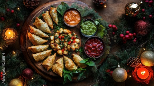 A platter of Indian samosas with mint and tamarind chutneys, styled with a festive theme