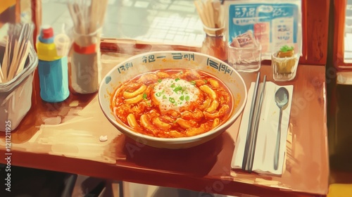 A serving of Korean tteokbokki in a spicy red sauce, styled with a lively street food vibe
