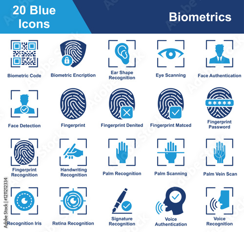 Biometrics Icon Set Collection. Containing Biometric Code, Biometric Encryption, Ear Shape Recognition, Eye Scanning, Face Authentication, Face Detection, Fingerprint. Simple Blue Vector Illustration.
