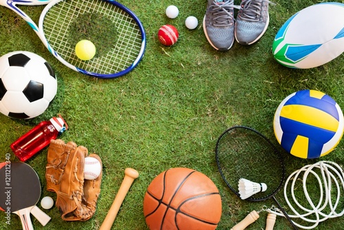 Fototapeta Naklejka Na Ścianę i Meble -  Various sports equipment on grass, including a soccer ball, tennis racket, and basketball. Sports gear like shoes and gloves complete the athletic theme. Sport background, with grass field background.