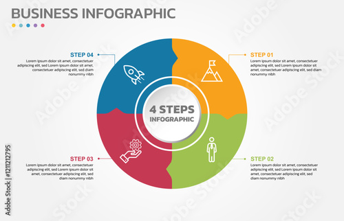 Visual data presentation. Cycle diagram with 4 options. Pie Chart Circle infographic template with 4 steps, options, parts, segments. Business concept. Editable pie chart with sectors.