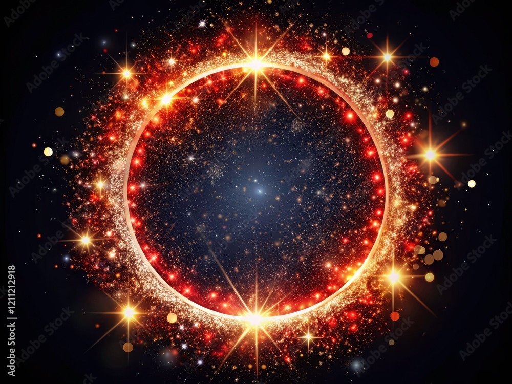 Fototapeta premium Magical Starry Night: Glittering Circle, Red Sparks, Black Background Wallpaper