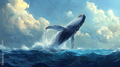 Majestic whale breaching the ocean waves against a backdrop of cloudy sky photo