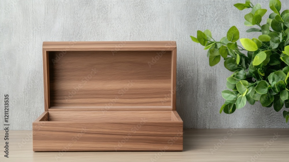Elegant wooden storage box with an open lid placed on a neutral background next to a green decorative plant Elegant wooden storage box with an open lid placed on a neutral background next to a green decorative plant