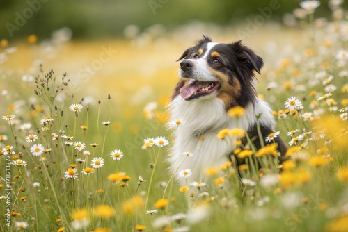 A happy dog in flowers. The pet is smiling. Field Camomiles. The Astralian Shepherd Tricolor photo