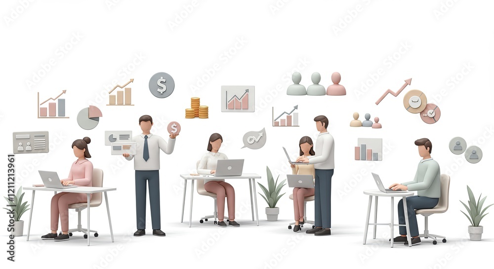 People working on laptops in an office, surrounded by icons representing finance. Illustration People working on laptops in an office, surrounded by icons representing finance. Illustration