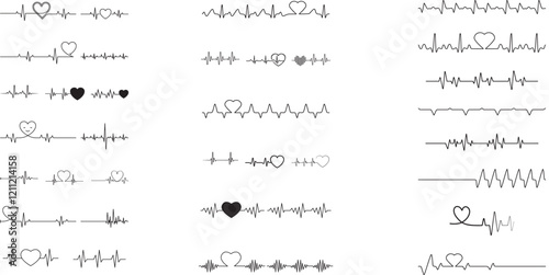 Red heartbeat line collection with heart symbol, cardiology, medical pulse, ECG, EKG design, healthcare clipart vector 