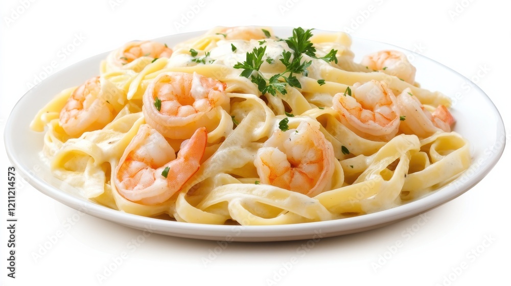 A plate of creamy shrimp Alfredo pasta with fettuccine, sautéed shrimp, and a rich Parmesan cream sauce A plate of creamy shrimp Alfredo pasta with fettuccine, sautéed shrimp, and a rich Parmesan cream sauce