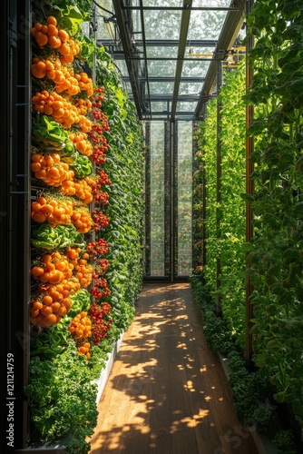 Indoor vertical farm, vibrant greens, colorful tomatoes.