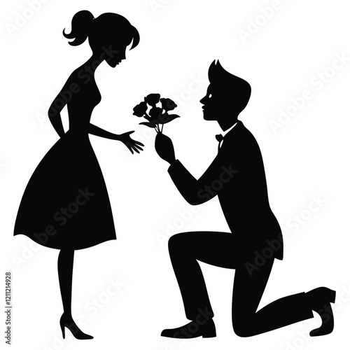 Silhouette of a romantic couple with a boy proposing to a girl holding a rose