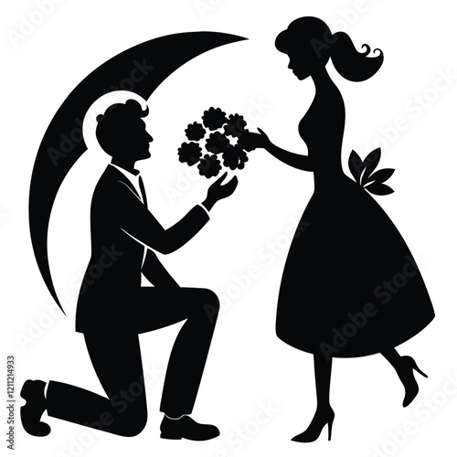 Silhouette of a romantic couple with a boy proposing to a girl holding a rose