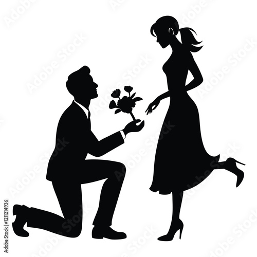 Silhouette of a romantic couple with a boy proposing to a girl holding a rose