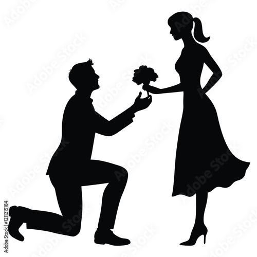 Silhouette of a romantic couple with a boy proposing to a girl holding a rose