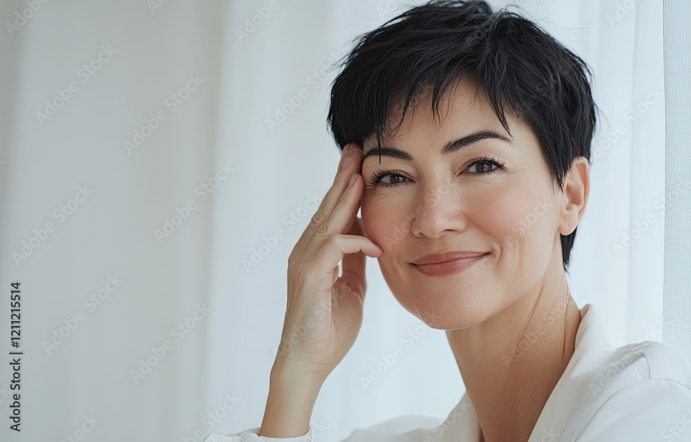 A Japanese woman in her early to mid-40s, smiling and touching the side of their face with one hand while standing against an indoor background with natural light. A Japanese woman in her early to mid-40s, smiling and touching the side of their face with one hand while standing against an indoor background with natural light.