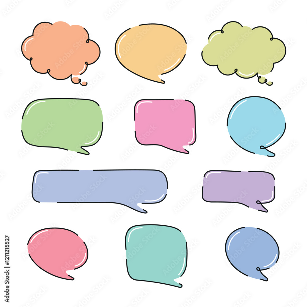 Set of colorful speech bubbles on white background in doodle style Set of colorful speech bubbles on white background in doodle style