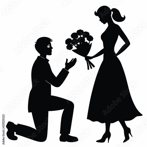 Silhouette of a romantic couple with a boy proposing to a girl holding a rose