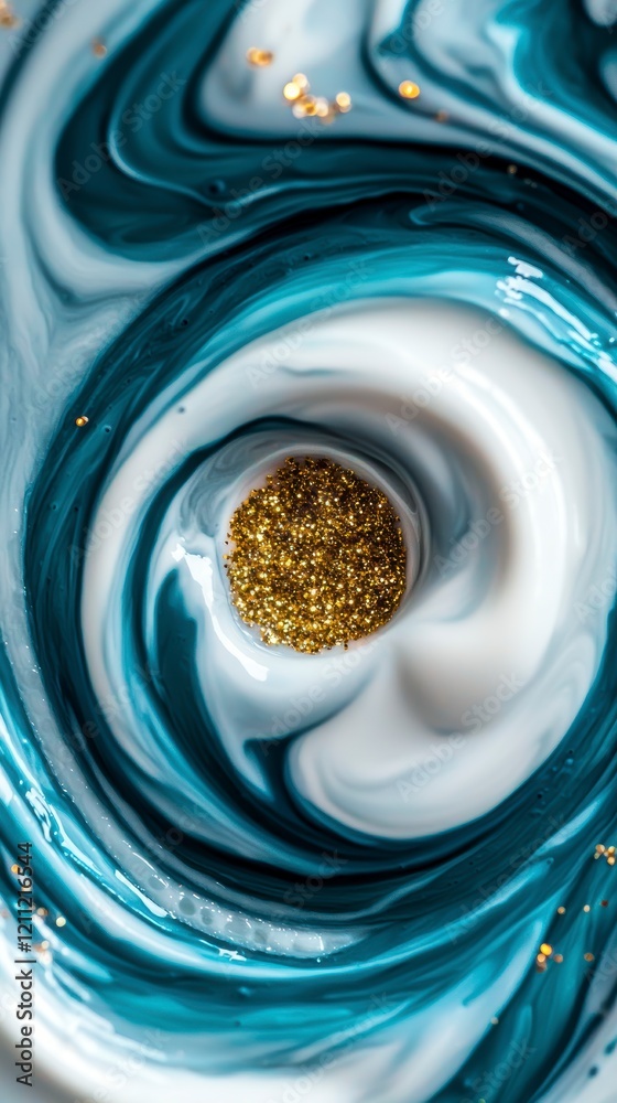 Fototapeta premium Abstract Teal Blue Swirl Paint with Gold Glitter Modern Art Background