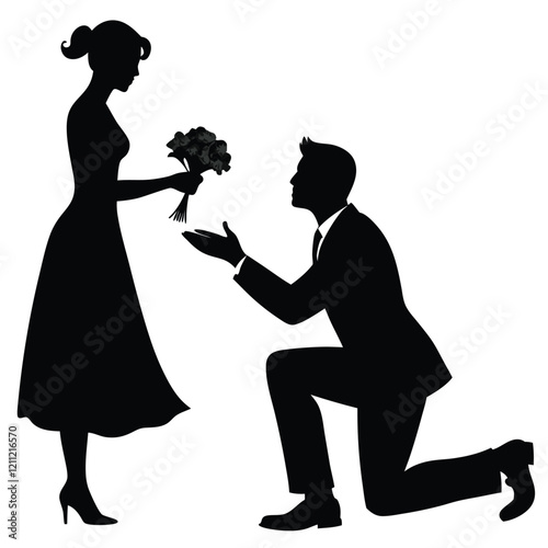 Full length of silhouette man giving flowers to woman against white background