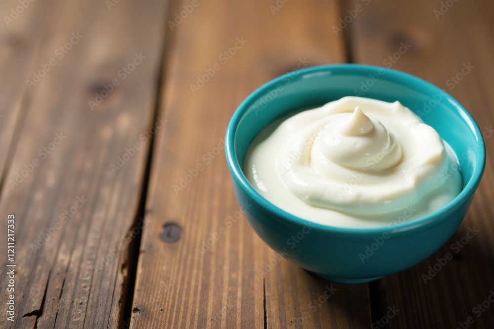 Creamy dairy product in a teal bowl on a rustic wooden surface
