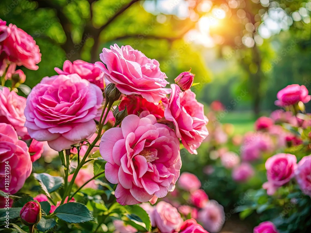 Obraz premium Pink Rose Bush Park Bloom - Candid Photography, Spring Flowers, Nature Images, Beautiful Roses