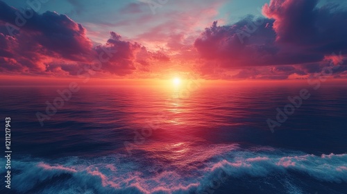 Vibrant sunset over calm ocean waters with colorful clouds reflecting in the sky, serene atmosphere