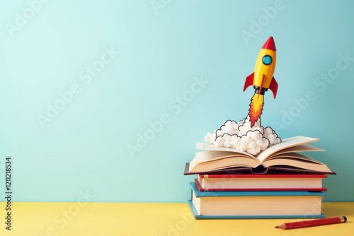 A whimsical rocket launching from an open book, symbolizing the power of knowledge and imagination to propel learning and innovation forward